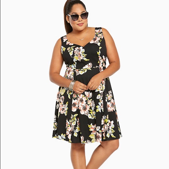Torrid Floral Print Ponte Pleated Skater Dress